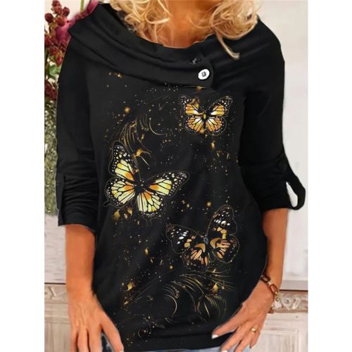 Butterfly Printed  Long Sleeve Round Neck Casual T-T-shirt