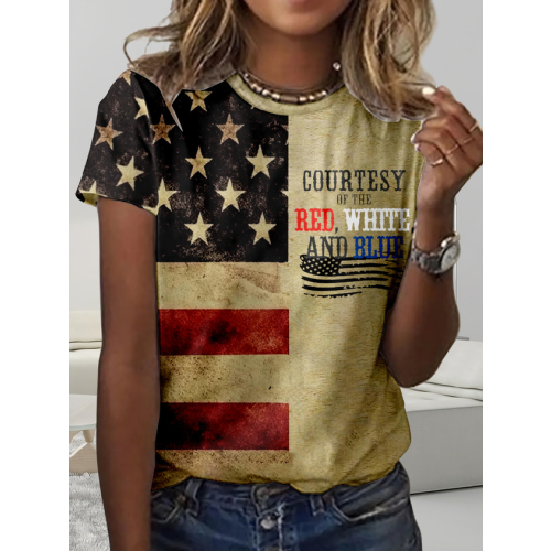 Women's Courtesy Of The Red White And Blue Printed Casual Crew Neck Flag Regular Fit T-Shirt