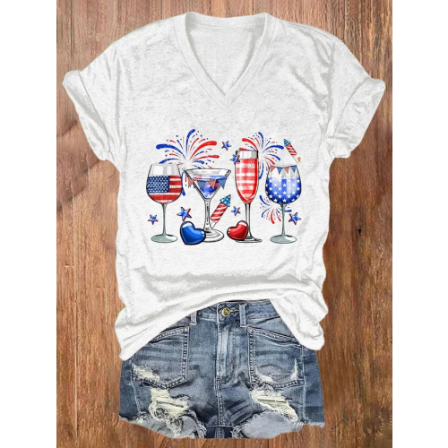 Women's Flag Print Casual Cotton-Blend V Neck Regular Fit T-Shirt