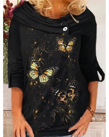 Butterfly Printed  Long Sleeve Round Neck Casual T-T-shirt