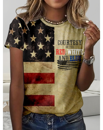 Women's Courtesy Of The Red White And Blue Printed Casual Crew Neck Flag Regular Fit T-Shirt