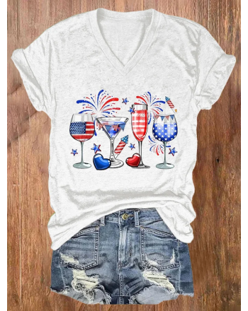 Women's Flag Print Casual Cotton-Blend V Neck Regular Fit T-Shirt